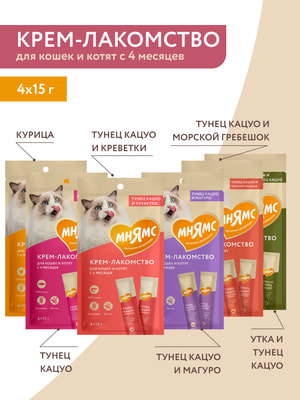 Повседневные Мнямс Крем-лакомство Мнямс для кошек с уткой и тунцом Кацуо 15 г х 4 шт. (вид 12) Повседневные Мнямс Крем-лакомство Мнямс для кошек с уткой и тунцом Кацуо 15 г х 4 шт. (фото, вид 12)