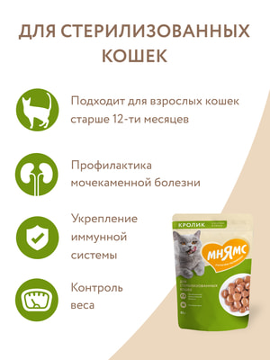 Повседневные корма Мнямс Влажный корм Мнямс Кусочки в соусе с кроликом для стерилизованных кошек 85г (вид 8) Повседневные корма Мнямс Влажный корм Мнямс Кусочки в соусе с кроликом для стерилизованных кошек 85г (фото, вид 8)