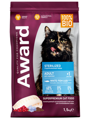 Повседневные корма Award Сухой корм AWARD Sterilized для взрослых стерилизованных кошек с белой рыбой с добавлением семян льна, клюквы и цикория 1,5кг (вид 6) Повседневные корма Award Сухой корм AWARD Sterilized для взрослых стерилизованных кошек с белой рыбой с добавлением семян льна, клюквы и цикория 1,5кг (фото, вид 6)