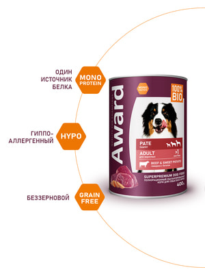 Повседневные корма Award Влажный корм AWARD для взрослых собак паштет из говядины с бататом 400г (вид 4) Повседневные корма Award Влажный корм AWARD для взрослых собак паштет из говядины с бататом 400г (фото, вид 4)