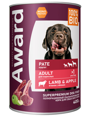 Повседневные корма Award Влажный корм AWARD для взрослых собак паштет из ягненка с яблоком 400г (вид 5) Повседневные корма Award Влажный корм AWARD для взрослых собак паштет из ягненка с яблоком 400г (фото, вид 5)