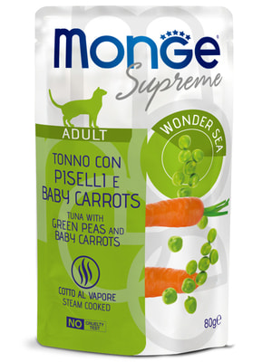 Повседневные корма Monge Влажный корм Monge Supreme Adult cat для взрослых кошек с зелёным горошком и мини-морковью, паучи 80 г (вид 4) Повседневные корма Monge Влажный корм Monge Supreme Adult cat для взрослых кошек с зелёным горошком и мини-морковью, паучи 80 г (фото, вид 4)