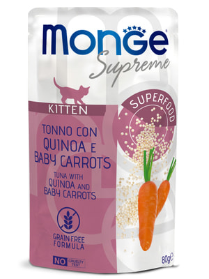 Повседневные корма Monge Влажный корм Monge Supreme kitten для котят из тунца с киноа и мини-морковью, паучи 80 г (вид 5) Повседневные корма Monge Влажный корм Monge Supreme kitten для котят из тунца с киноа и мини-морковью, паучи 80 г (фото, вид 5)