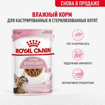 Влажные корма, консервы Royal Canin Royal Canin KITTEN STERILISED Корм консервированный полнорационный для кастрированных и стерилизованных котят (в возрасте от 6 до 2 месяцев), мелкие кусочки в соусе 28 шт по 85 г (вид 1) Влажные корма, консервы Royal Canin Royal Canin KITTEN STERILISED Корм консервированный полнорационный для кастрированных и стерилизованных котят (в возрасте от 6 до 2 месяцев), мелкие кусочки в соусе 28 шт по 85 г (фото, вид 1)
