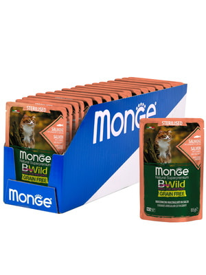 Повседневные корма Monge Влажный корм Monge Cat BWild GRAIN FREE для стерилизованных кошек, беззерновой, из лосося с креветками и овощами, паучи 85 г (вид 8) Повседневные корма Monge Влажный корм Monge Cat BWild GRAIN FREE для стерилизованных кошек, беззерновой, из лосося с креветками и овощами, паучи 85 г (фото, вид 8)