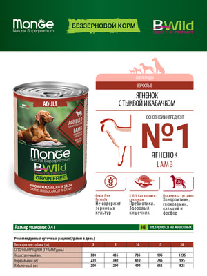 Повседневные корма Monge Влажный корм Monge Dog BWild GRAIN FREE для взрослых собак, беззерновой, из ягненка с тыквой и кабачками, консервы 400 г (вид 1) Повседневные корма Monge Влажный корм Monge Dog BWild GRAIN FREE для взрослых собак, беззерновой, из ягненка с тыквой и кабачками, консервы 400 г (фото, вид 1)