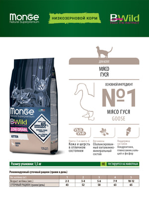 Повседневные корма Monge Сухой корм Monge Cat BWild LOW GRAIN Kitten, для котят, низкозерновой, из мяса гуся 1,5 кг (вид 7) Повседневные корма Monge Сухой корм Monge Cat BWild LOW GRAIN Kitten, для котят, низкозерновой, из мяса гуся 1,5 кг (фото, вид 7)