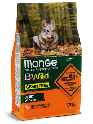 Повседневные корма Monge Сухой корм Monge Dog BWild GRAIN FREE для взрослых собак, беззерновой, утка с картофелем 2,5 кг (вид 9) Повседневные корма Monge Сухой корм Monge Dog BWild GRAIN FREE для взрослых собак, беззерновой, утка с картофелем 2,5 кг (фото, вид 9)