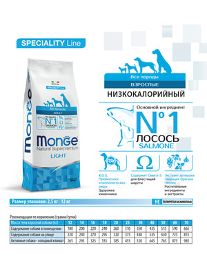 Повседневные корма Monge Cухой корм Monge Dog Speciality Line Light корм для взрослых собак всех пород, низкокалорийный, лосось с рисом 12 кг (вид 1) Повседневные корма Monge Cухой корм Monge Dog Speciality Line Light корм для взрослых собак всех пород, низкокалорийный, лосось с рисом 12 кг (фото, вид 1)