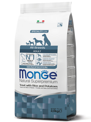 Повседневные корма Monge Сухой корм Monge Dog Speciality Line Monoprotein для взрослых собак всех пород, из форели с рисом и картофелем 2,5 кг (вид 9) Повседневные корма Monge Сухой корм Monge Dog Speciality Line Monoprotein для взрослых собак всех пород, из форели с рисом и картофелем 2,5 кг (фото, вид 9)