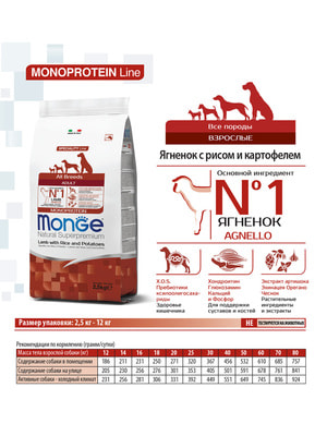Повседневные корма Monge Сухой корм Monge Dog Speciality Line Monoprotein для взрослых собак всех пород, из ягненка с рисом и картофелем 2,5 кг (вид 1) Повседневные корма Monge Сухой корм Monge Dog Speciality Line Monoprotein для взрослых собак всех пород, из ягненка с рисом и картофелем 2,5 кг (фото, вид 1)