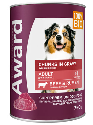 Повседневные корма Award Влажный корм AWARD для взрослых собак кусочки с говядиной и рубцом в соусе 750г Повседневные корма Award Влажный корм AWARD для взрослых собак кусочки с говядиной и рубцом в соусе 750г (фото)