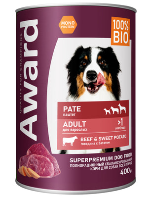 Повседневные корма Award Влажный корм AWARD для взрослых собак паштет из говядины с бататом 400г Повседневные корма Award Влажный корм AWARD для взрослых собак паштет из говядины с бататом 400г (фото)