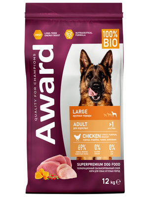 Повседневные корма Award Сухой корм AWARD для взрослых собак крупных пород с курицей и индейкой с добавлением тыквы и шиповника 12кг Повседневные корма Award Сухой корм AWARD для взрослых собак крупных пород с курицей и индейкой с добавлением тыквы и шиповника 12кг (фото)