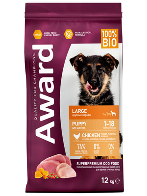 Повседневные корма Award Сухой корм AWARD для щенков от 1 месяца крупных пород с курицей и индейкой с добавлением тыквы и шиповника 12кг Повседневные корма Award Сухой корм AWARD для щенков от 1 месяца крупных пород с курицей и индейкой с добавлением тыквы и шиповника 12кг (фото)