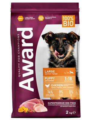 Повседневные корма Award Сухой корм AWARD для щенков от 1 месяца крупных пород с курицей и индейкой с добавлением тыквы и шиповника 2кг Повседневные корма Award Сухой корм AWARD для щенков от 1 месяца крупных пород с курицей и индейкой с добавлением тыквы и шиповника 2кг (фото)