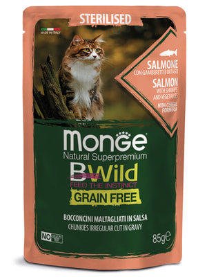 Повседневные корма Monge Влажный корм Monge Cat BWild GRAIN FREE для стерилизованных кошек, беззерновой, из лосося с креветками и овощами, паучи 85 г Повседневные корма Monge Влажный корм Monge Cat BWild GRAIN FREE для стерилизованных кошек, беззерновой, из лосося с креветками и овощами, паучи 85 г (фото)