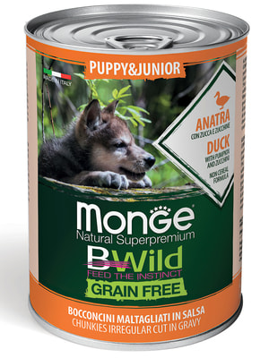 Повседневные корма Monge Влажный корм Monge Dog BWild GRAIN FREE Puppy&Junior для щенков и беременных собак, беззерновой, из утки с тыквой и кабачками, консервы 400 г Повседневные корма Monge Влажный корм Monge Dog BWild GRAIN FREE Puppy&Junior для щенков и беременных собак, беззерновой, из утки с тыквой и кабачками, консервы 400 г (фото)