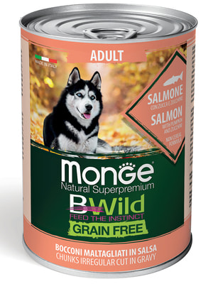 Повседневные корма Monge Влажный корм Monge Dog BWild GRAIN FREE для взрослых собак, беззерновой, из лосося с тыквой и кабачками, консервы 400 г Повседневные корма Monge Влажный корм Monge Dog BWild GRAIN FREE для взрослых собак, беззерновой, из лосося с тыквой и кабачками, консервы 400 г (фото)