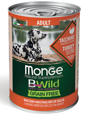Повседневные корма Monge Влажный корм Monge Dog BWild GRAIN FREE для взрослых собак, из индейки с тыквой и кабачками, консервы 400 г Повседневные корма Monge Влажный корм Monge Dog BWild GRAIN FREE для взрослых собак, из индейки с тыквой и кабачками, консервы 400 г (фото)