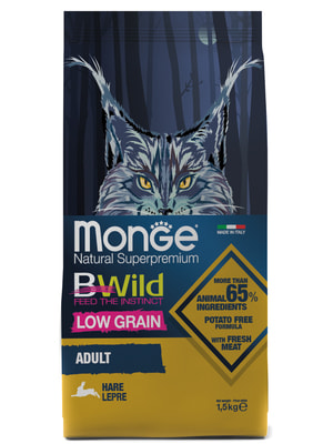 Повседневные корма Monge Сухой корм Monge Cat BWild LOW Hare для взрослых кошек, низкозерновой, из мяса зайца 1,5 кг Повседневные корма Monge Сухой корм Monge Cat BWild LOW Hare для взрослых кошек, низкозерновой, из мяса зайца 1,5 кг (фото)