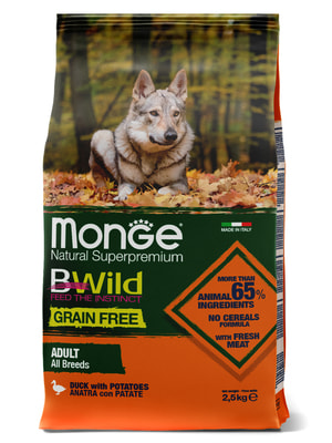 Повседневные корма Monge Сухой корм Monge Dog BWild GRAIN FREE для взрослых собак, беззерновой, утка с картофелем 2,5 кг Повседневные корма Monge Сухой корм Monge Dog BWild GRAIN FREE для взрослых собак, беззерновой, утка с картофелем 2,5 кг (фото)