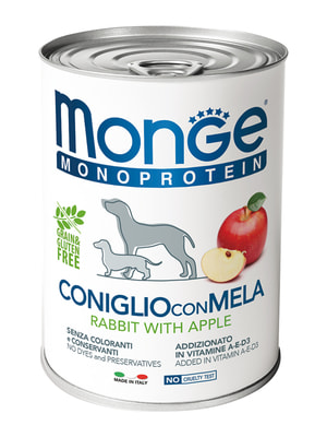 Повседневные корма Monge Влажный корм Monge Dog Natural Monoprotein Fruits для собак, паштет из кролика с рисом и яблоками, консервы 400 г Повседневные корма Monge Влажный корм Monge Dog Natural Monoprotein Fruits для собак, паштет из кролика с рисом и яблоками, консервы 400 г (фото)
