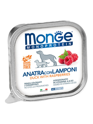 Повседневные корма Monge Влажный корм Monge Dog Natural Monoprotein Fruits для собак, паштет из утки с малиной, консервы 150 г Повседневные корма Monge Влажный корм Monge Dog Natural Monoprotein Fruits для собак, паштет из утки с малиной, консервы 150 г (фото)