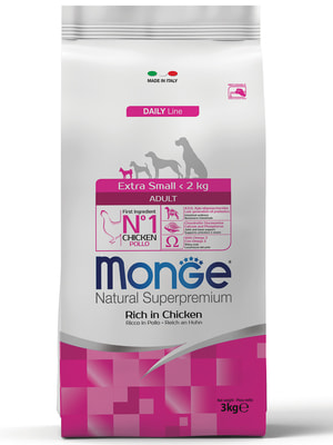 Повседневные корма Monge Сухой корм Monge Dog Daily Line Extra Small для взрослых собак миниатюрных пород, из курицы 3 кг Повседневные корма Monge Сухой корм Monge Dog Daily Line Extra Small для взрослых собак миниатюрных пород, из курицы 3 кг (фото)