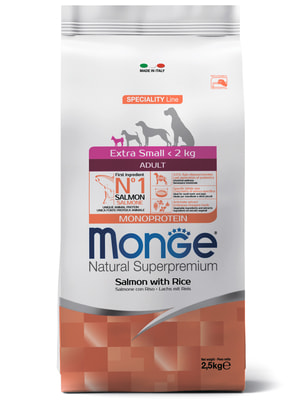 Повседневные корма Monge Сухой корм Monge Dog Speciality Line Monoprotein Extra Small для взрослых собак миниатюрных пород, с лососем и рисом 2,5 кг Повседневные корма Monge Сухой корм Monge Dog Speciality Line Monoprotein Extra Small для взрослых собак миниатюрных пород, с лососем и рисом 2,5 кг (фото)