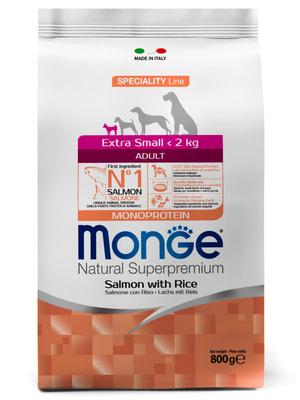 Повседневные корма Monge Сухой корм Monge Dog Speciality Line Monoprotein Extra Small для взрослых собак миниатюрных пород, с лососем и рисом 800 г Повседневные корма Monge Сухой корм Monge Dog Speciality Line Monoprotein Extra Small для взрослых собак миниатюрных пород, с лососем и рисом 800 г (фото)