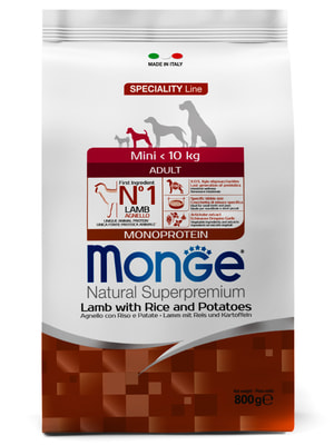 Повседневные корма Monge Сухой корм Monge Dog Speciality Line Monoprotein Mini для взрослых собак мелких пород, из ягненка с рисом и картофелем 800 г Повседневные корма Monge Сухой корм Monge Dog Speciality Line Monoprotein Mini для взрослых собак мелких пород, из ягненка с рисом и картофелем 800 г (фото)