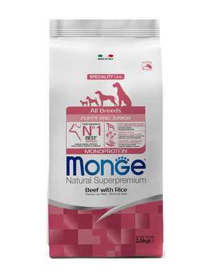 Повседневные корма Monge Сухой корм Monge Dog Speciality Line Monoprotein Puppy & Junior корм для щенков всех пород, из говядины с рисом 2,5 кг Повседневные корма Monge Сухой корм Monge Dog Speciality Line Monoprotein Puppy & Junior корм для щенков всех пород, из говядины с рисом 2,5 кг (фото)