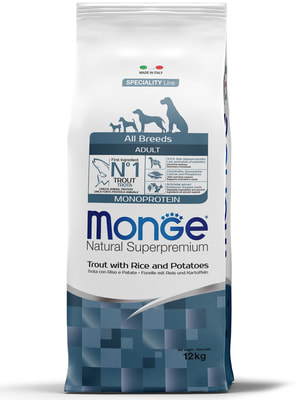 Повседневные корма Monge Сухой корм Monge Dog Speciality Line Monoprotein для взрослых собак всех пород, из форели с рисом и картофелем 12 кг Повседневные корма Monge Сухой корм Monge Dog Speciality Line Monoprotein для взрослых собак всех пород, из форели с рисом и картофелем 12 кг (фото)