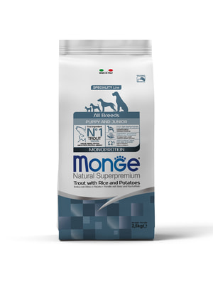 Повседневные корма Monge Сухой корм Monge Dog Speciality Line Monoprotein для щенков всех пород, из форели с рисом и картофелем 2,5 кг Повседневные корма Monge Сухой корм Monge Dog Speciality Line Monoprotein для щенков всех пород, из форели с рисом и картофелем 2,5 кг (фото)