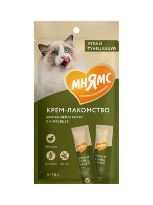 Повседневные Мнямс Крем-лакомство Мнямс для кошек с уткой и тунцом Кацуо 15 г х 4 шт. Повседневные Мнямс Крем-лакомство Мнямс для кошек с уткой и тунцом Кацуо 15 г х 4 шт. (фото)