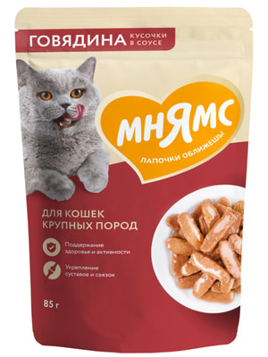Повседневные корма Мнямс Влажный корм Мнямс Кусочки в соусе с говядиной для крупных кошек 85г Повседневные корма Мнямс Влажный корм Мнямс Кусочки в соусе с говядиной для крупных кошек 85г (фото)