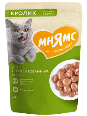 Повседневные корма Мнямс Влажный корм Мнямс Кусочки в соусе с кроликом для стерилизованных кошек 85г Повседневные корма Мнямс Влажный корм Мнямс Кусочки в соусе с кроликом для стерилизованных кошек 85г (фото)