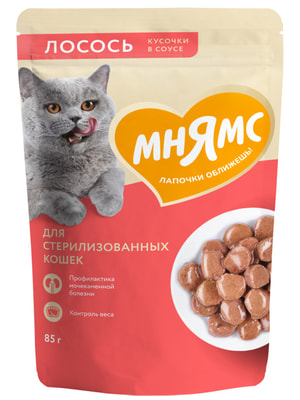 Повседневные корма Мнямс Влажный корм Мнямс Кусочки в соусе с лососем для стерилизованных кошек 85г Повседневные корма Мнямс Влажный корм Мнямс Кусочки в соусе с лососем для стерилизованных кошек 85г (фото)