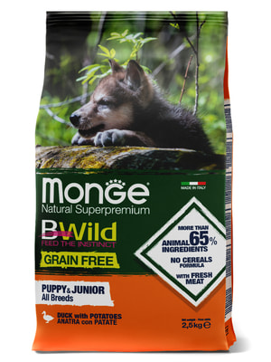 Повседневные корма Monge Сухой корм Monge Dog BWild GRAIN FREE Puppy & Junior для щенков, беззерновой, из мяса утки с картофелем 2,5 кг Повседневные корма Monge Сухой корм Monge Dog BWild GRAIN FREE Puppy & Junior для щенков, беззерновой, из мяса утки с картофелем 2,5 кг (фото)