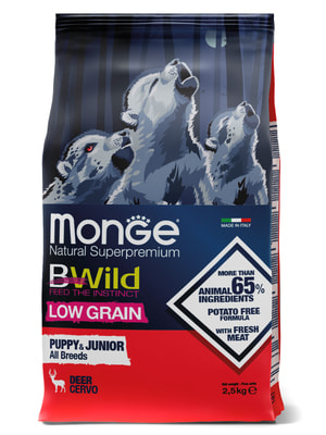 Повседневные корма Monge Сухой корм Monge Dog BWild LOW GRAIN Puppy & junior для щенков, низкозерновой, из мяса оленя 2,5 кг Повседневные корма Monge Сухой корм Monge Dog BWild LOW GRAIN Puppy & junior для щенков, низкозерновой, из мяса оленя 2,5 кг (фото)
