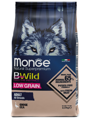 Повседневные корма Monge Сухой корм Monge Dog BWild LOW GRAIN для взрослых собак, низкозерновой, из мяса гуся 2,5 кг Повседневные корма Monge Сухой корм Monge Dog BWild LOW GRAIN для взрослых собак, низкозерновой, из мяса гуся 2,5 кг (фото)