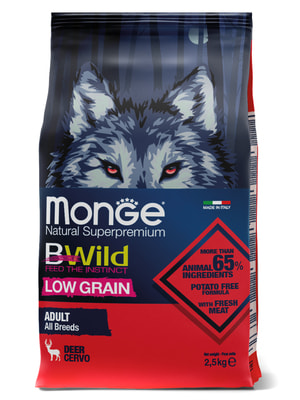 Повседневные корма Monge Сухой корм Monge Dog BWild LOW GRAIN для взрослых собак, низкозерновой, из мяса оленя 2,5 кг Повседневные корма Monge Сухой корм Monge Dog BWild LOW GRAIN для взрослых собак, низкозерновой, из мяса оленя 2,5 кг (фото)