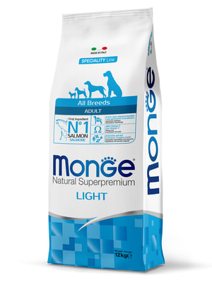 Повседневные корма Monge Cухой корм Monge Dog Speciality Line Light корм для взрослых собак всех пород, низкокалорийный, лосось с рисом 12 кг Повседневные корма Monge Cухой корм Monge Dog Speciality Line Light корм для взрослых собак всех пород, низкокалорийный, лосось с рисом 12 кг (фото)