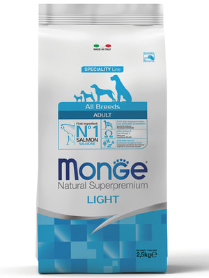 Повседневные корма Monge Cухой корм Monge Dog Speciality Line Light корм для взрослых собак всех пород, низкокалорийный, лосось с рисом 2,5 кг Повседневные корма Monge Cухой корм Monge Dog Speciality Line Light корм для взрослых собак всех пород, низкокалорийный, лосось с рисом 2,5 кг (фото)