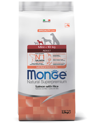 Повседневные корма Monge Сухой корм Monge Dog Speciality Line Monoprotein Mini для взрослых собак мелких пород, из лосося с рисом 2,5 кг Повседневные корма Monge Сухой корм Monge Dog Speciality Line Monoprotein Mini для взрослых собак мелких пород, из лосося с рисом 2,5 кг (фото)