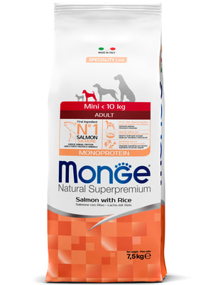 Повседневные корма Monge Сухой корм Monge Dog Speciality Line Monoprotein Mini для взрослых собак мелких пород, из лосося с рисом 7,5 кг Повседневные корма Monge Сухой корм Monge Dog Speciality Line Monoprotein Mini для взрослых собак мелких пород, из лосося с рисом 7,5 кг (фото)