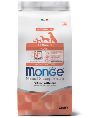 Повседневные корма Monge Сухой корм Monge Dog Speciality Line Monoprotein для взрослых собак всех пород, из лосося с рисом 2,5 кг Повседневные корма Monge Сухой корм Monge Dog Speciality Line Monoprotein для взрослых собак всех пород, из лосося с рисом 2,5 кг (фото)