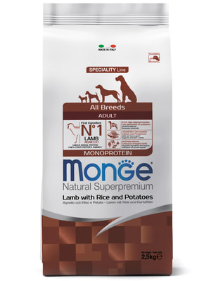 Повседневные корма Monge Сухой корм Monge Dog Speciality Line Monoprotein для взрослых собак всех пород, из ягненка с рисом и картофелем 2,5 кг Повседневные корма Monge Сухой корм Monge Dog Speciality Line Monoprotein для взрослых собак всех пород, из ягненка с рисом и картофелем 2,5 кг (фото)