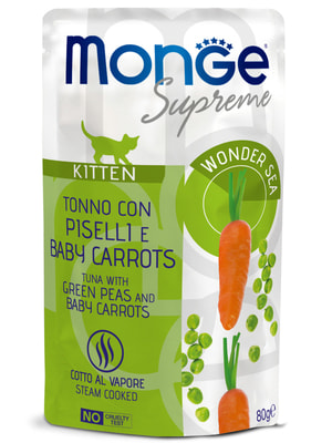 Повседневные корма Monge Влажный корм Monge Supreme kitten для котят из тунца с зелёным горошком и мини-морковью, паучи 80 г Повседневные корма Monge Влажный корм Monge Supreme kitten для котят из тунца с зелёным горошком и мини-морковью, паучи 80 г (фото)